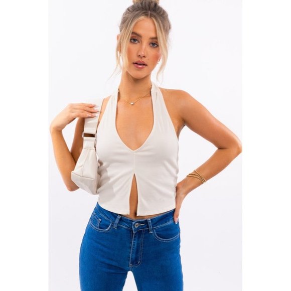 LE LIS OPEN FRONT HALTER TOP WHITE - Picture 9 of 9